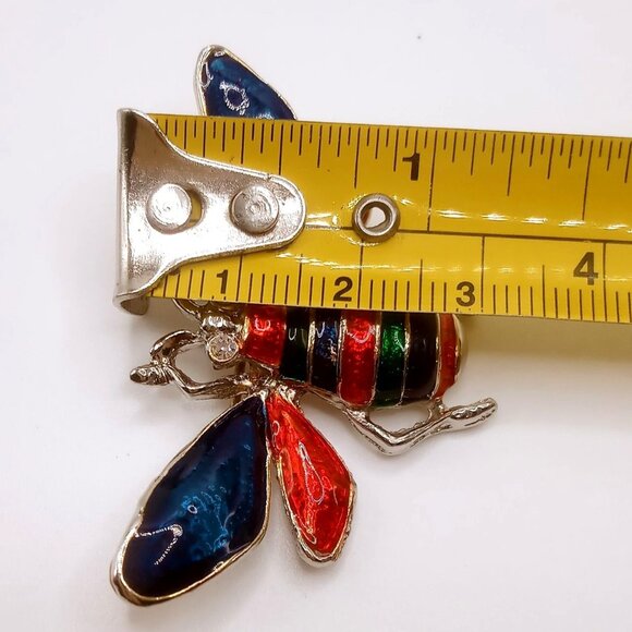 Vintage Bee Brooch Red Blue Green Striped Enameled Rhinestone Silver-tone Pin - Picture 10 of 10